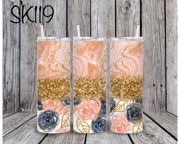 Pink Marble Gold Glitter Blue Pink Flowers Sublimation ~ Tumbler SK119