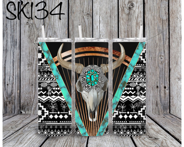 V Design Turquoise Skull Sublimation ~ Tumbler SK134