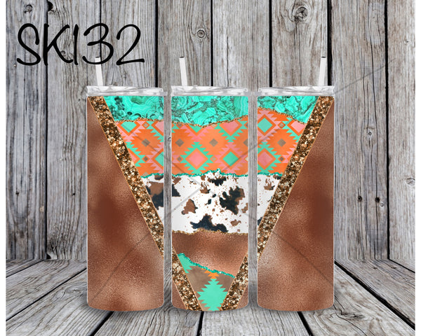 V Design brown cowhide orange turquoise Sublimation ~ Tumbler SK132