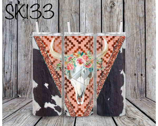 V Design Cow Print Skull Sublimation ~ Tumbler SK133