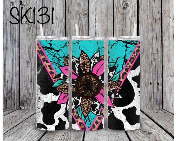 Turquoise Sunflower Cow Print Sublimation ~ Tumbler SK131